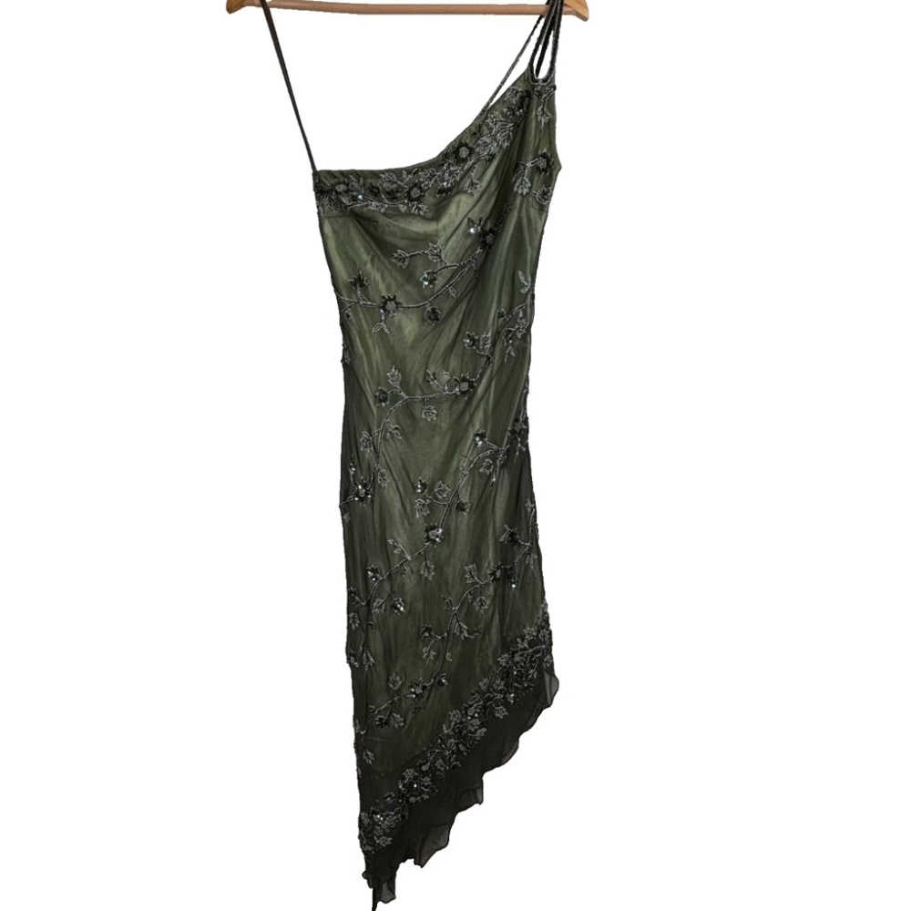 Scala Olive Green Asymmetrical Beaded Slip Dress